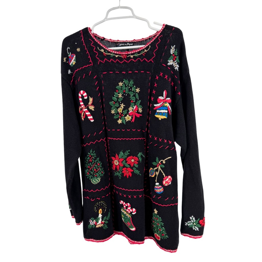 Work in Progress Women's Christmas embroidered XL Crew Neck tunic Sweater beaded